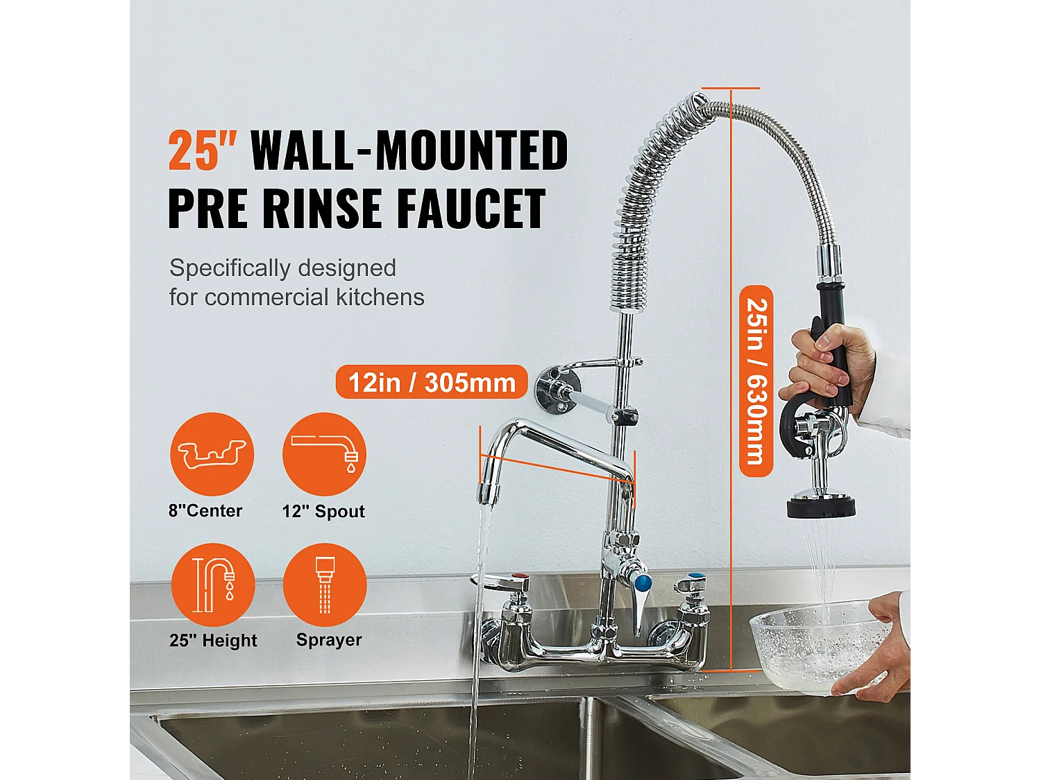 Robinet de Cuisine, SucceBuy Robinet d'Évier de Cuisine Mural Commercial - Avec Pulvérisateur de Pré-Rinçage, 63.5 cm