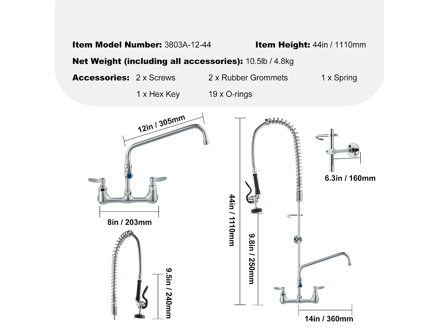 Robinet de Cuisine, SucceBuy Robinet d'Évier de Cuisine Mural Commercial - Avec Pulvérisateur de Pré-Rinçage, 111.8 cm