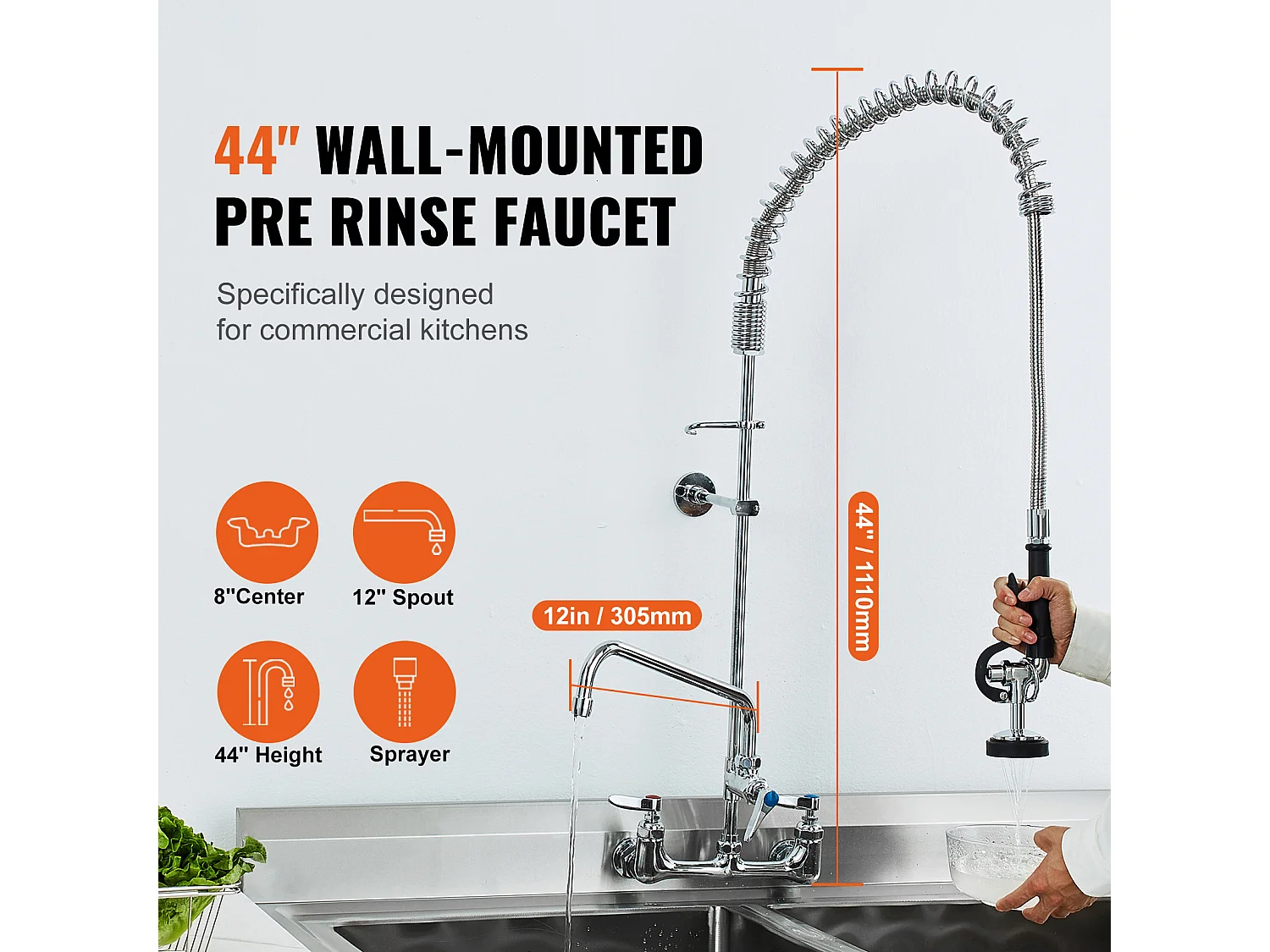 Robinet de Cuisine, SucceBuy Robinet d'Évier de Cuisine Mural Commercial - Avec Pulvérisateur de Pré-Rinçage, 111.8 cm