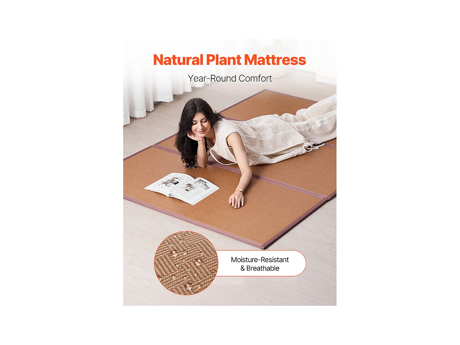 Tatami Japonais SucceBuy Tapis Tatami Japonais Pliable 203 x 140cm, Matelas en Rotin Naturel
