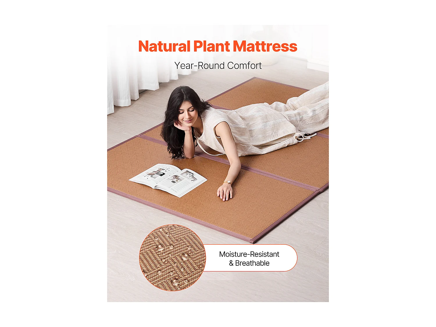 Tatami Japonais SucceBuy Tapis Tatami Japonais Pliable 203 x 140cm, Matelas en Rotin Naturel