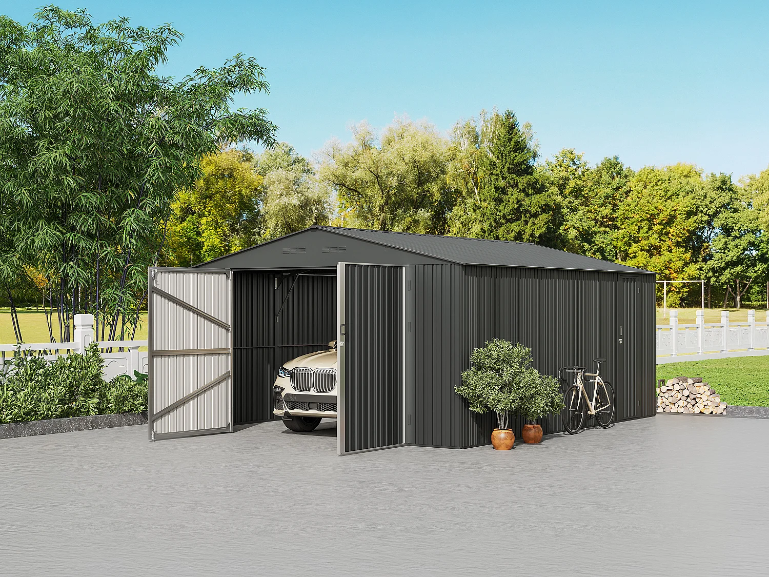 Garage en acier galvanisé avec porte de service- gris anthracite - 19 m² - RIDOSO