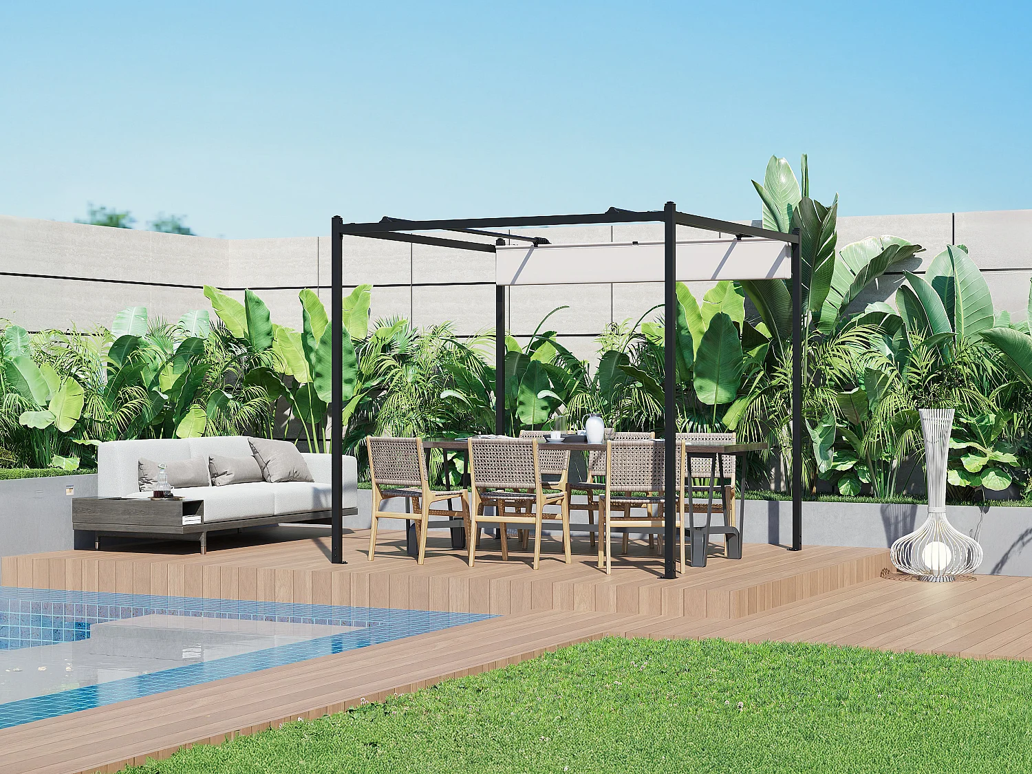 Pergola autoportante en acier avec toit rétractable - 5,3 m² - noir - MAZARA