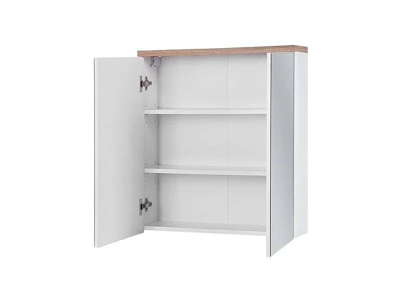 Meuble salle de bain ERMANO – Chêne clair et blanc brillant – 60x70 cm – 2 portes miroir – À suspendre