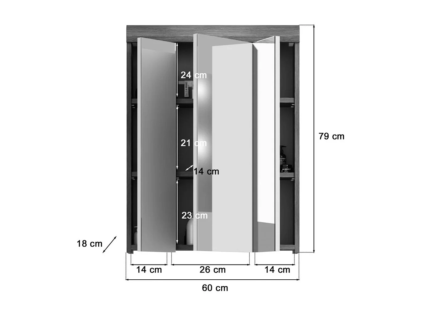 Mueble de almacenamiento alto SCOTT – 3 puertas con espejo – Gris oscuro y blanco – 60x79x18 cm