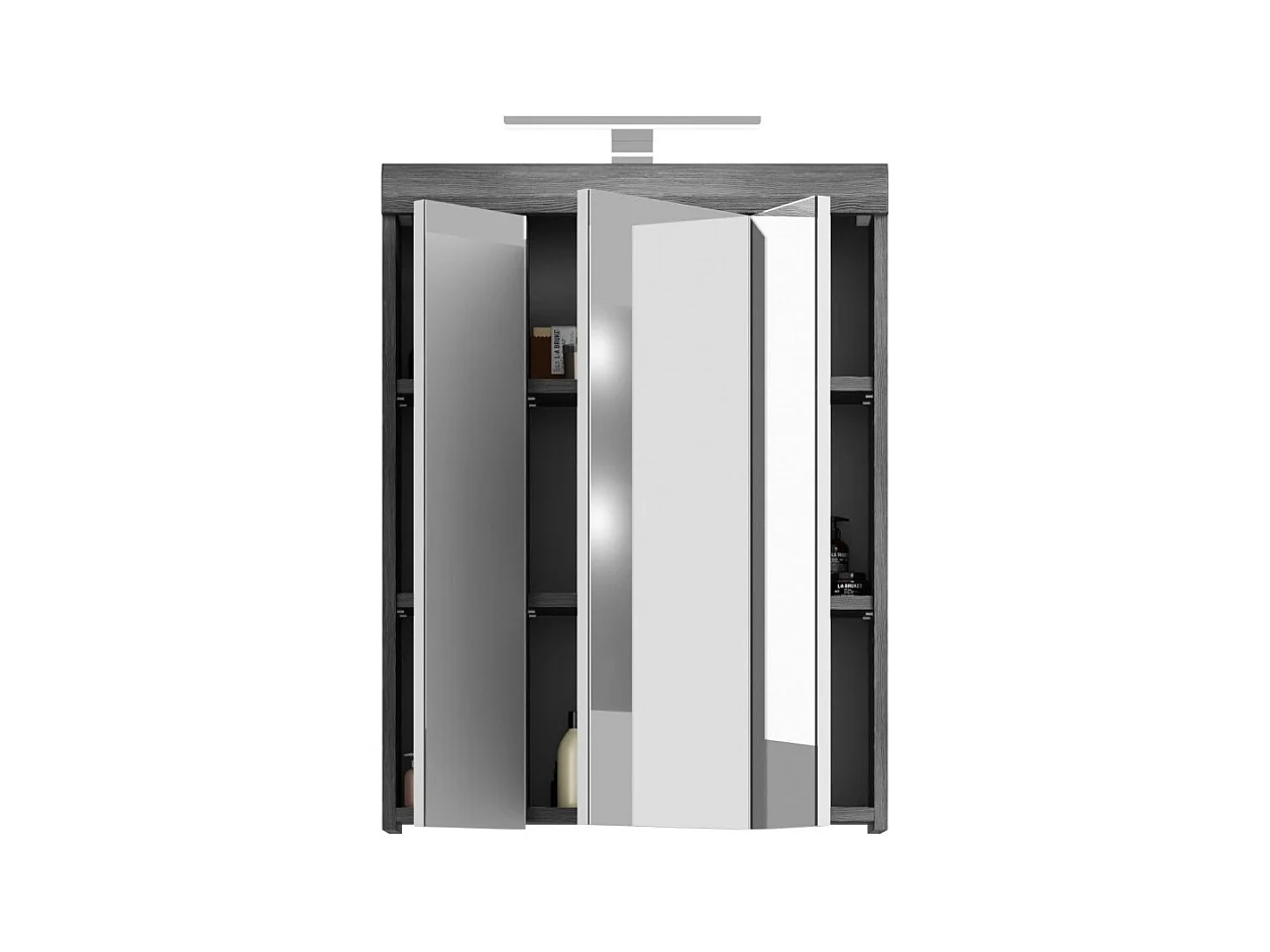 Mueble alto de almacenamiento SCOTT – 3 puertas con espejo y LED – Gris oscuro y blanco – 60x79x37 cm