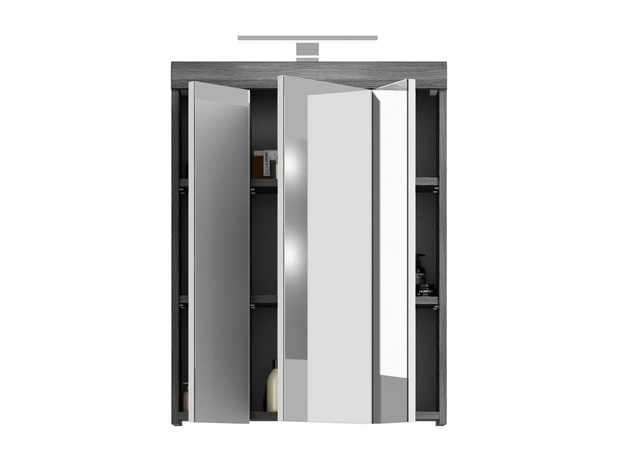 Meuble de rangement haut SCOTT – 3 portes avec miroir et LED – Gris foncé et blanc – 60x79x37 cm
