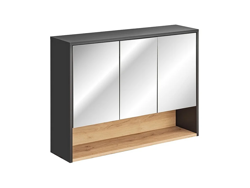 Meuble haut de salle de bain TALOKA – 3 portes miroir – Gris anthracite et chêne clair – L100 cm – Suspendu