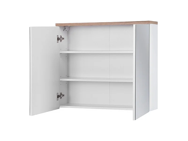 Meuble salle de bain ERMANO – Chêne clair et blanc brillant – 80x70 cm – 2 portes miroir – À suspendre