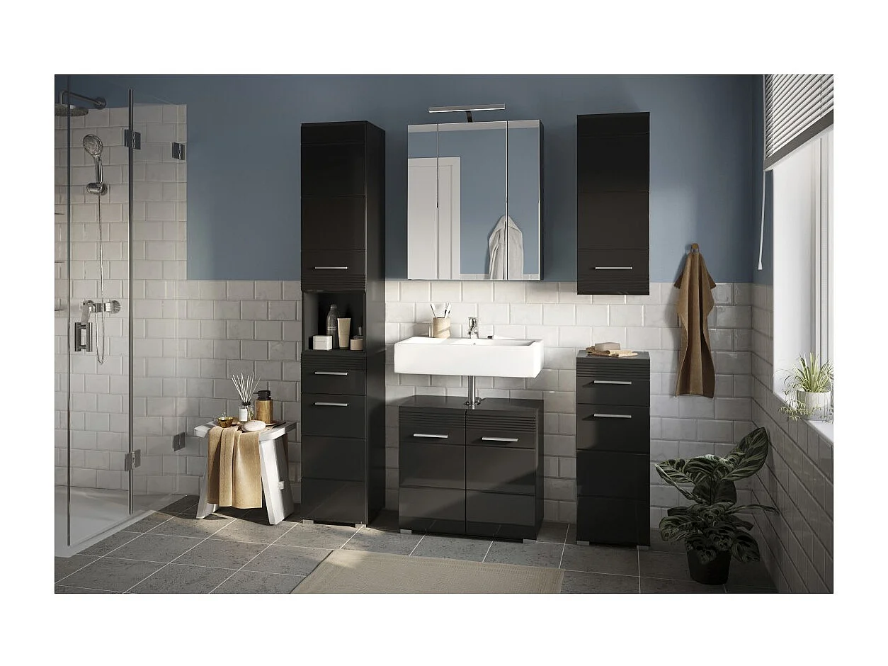 Móvel de armazenamento com espelho e LED – Preto laqueado – KLEANKIN