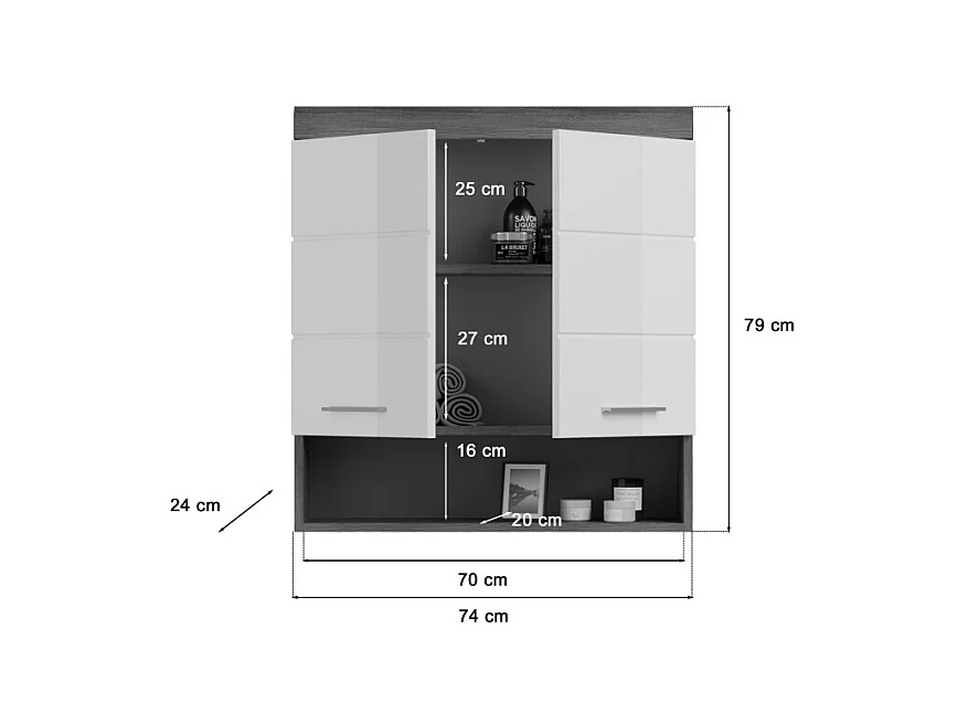 Meuble de rangement haut SCOTT – 2 portes – Gris foncé et blanc – 74x79x24 cm