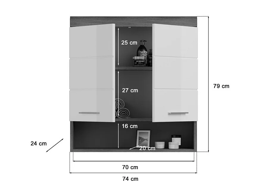 Meuble de rangement haut SCOTT – 2 portes – Gris foncé et blanc – 74x79x24 cm