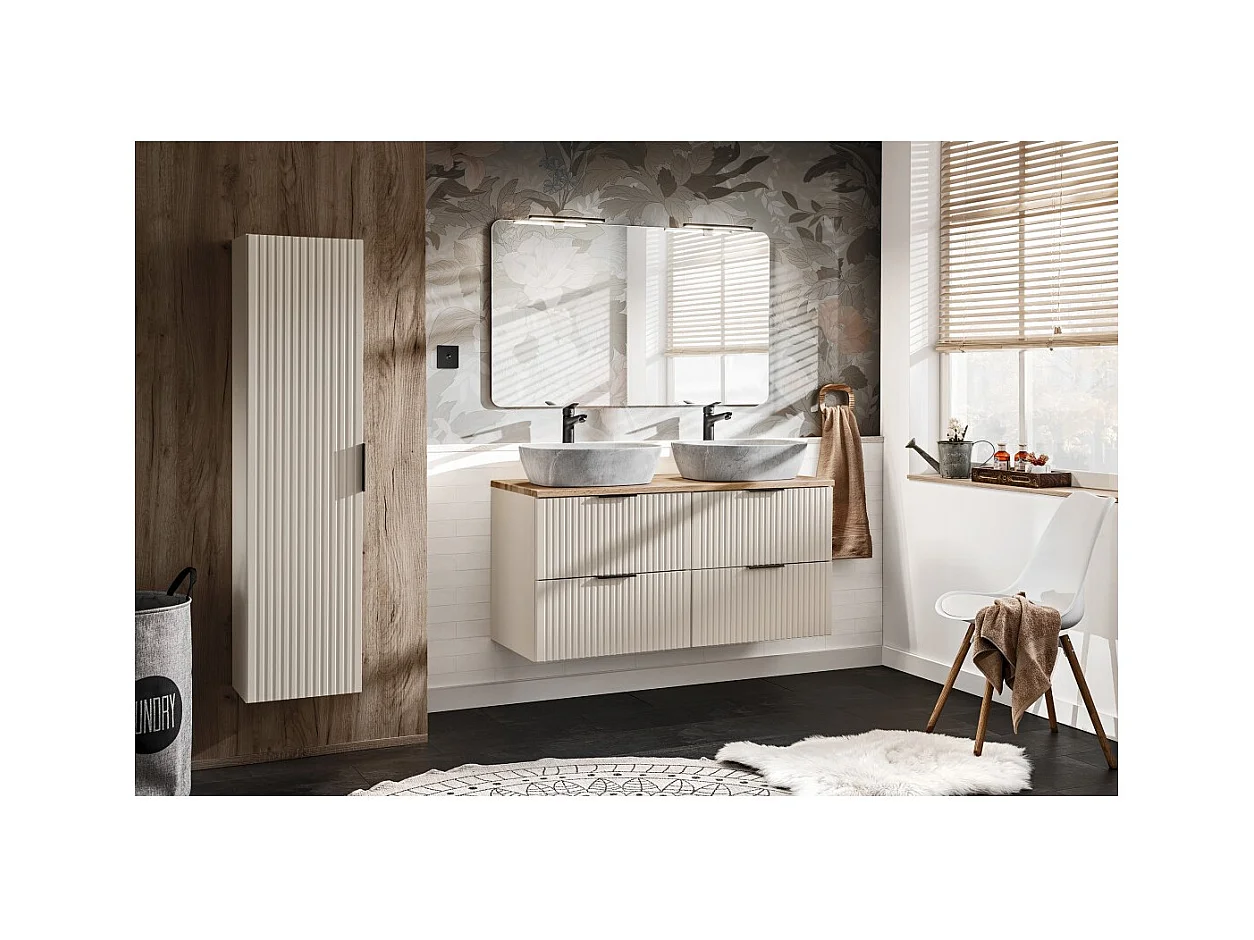 Meuble de rangement salle de bain ERBANO – 1 porte – Coloris chêne clair et gris anthracite – H68 cm – À suspendre