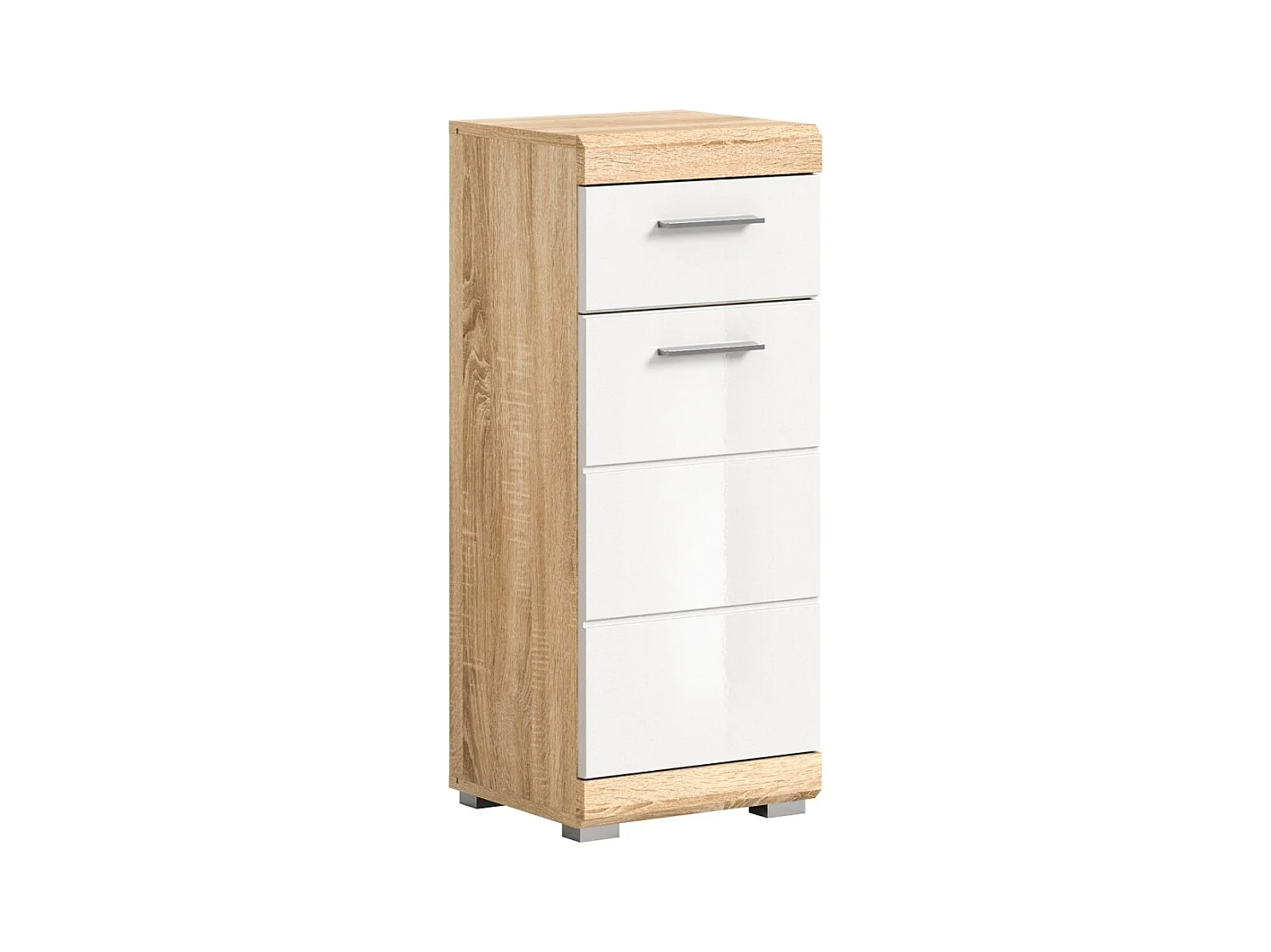Armoire de salle de bain LEWOTO – 1 porte et 1 tiroir – Blanc et chêne clair