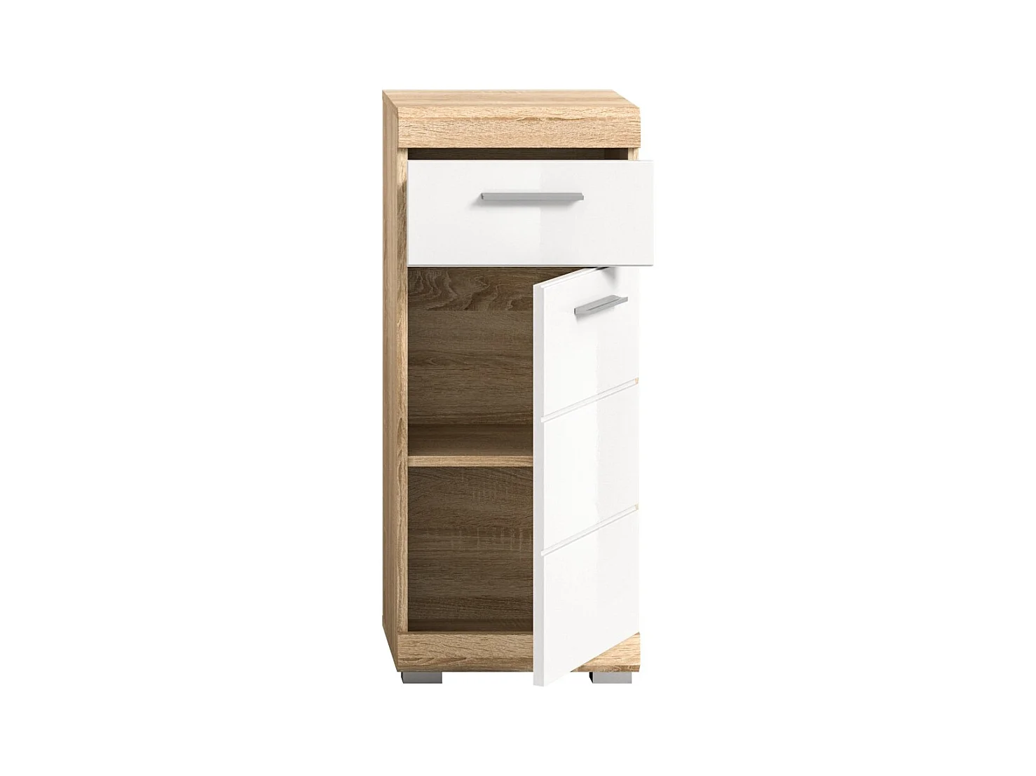 Armoire de salle de bain LEWOTO – 1 porte et 1 tiroir – Blanc et chêne clair