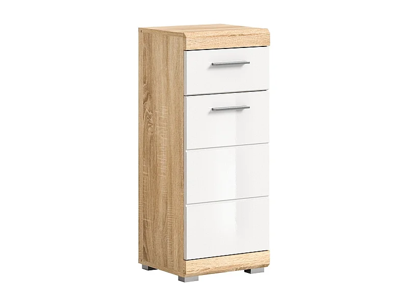 Armoire de salle de bain LEWOTO – 1 porte et 1 tiroir – Blanc et chêne clair