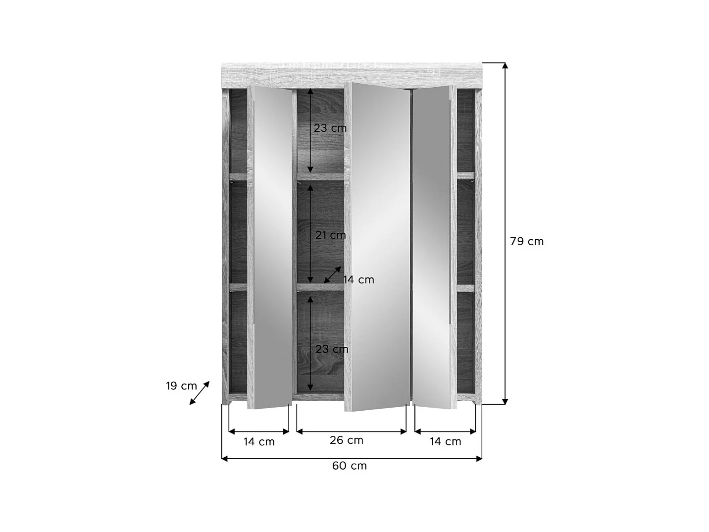 Armario de almacenamiento con espejos LEWOTO – Blanco y roble – 60x79x18 cm