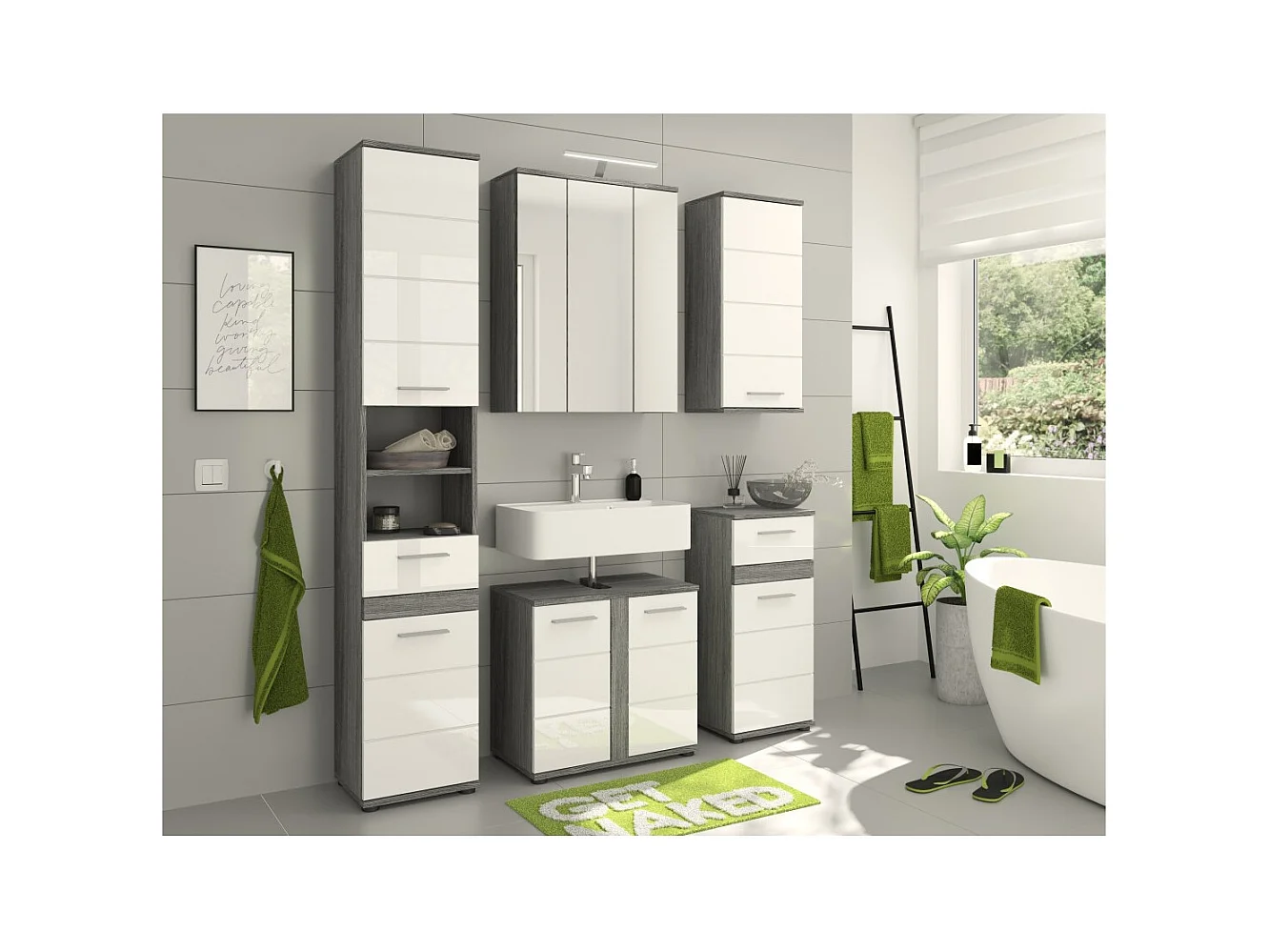 Mueble de almacenamiento para baño WILLIAM - Con LED - Blanco y gris oscuro - 9 nichos colgantes