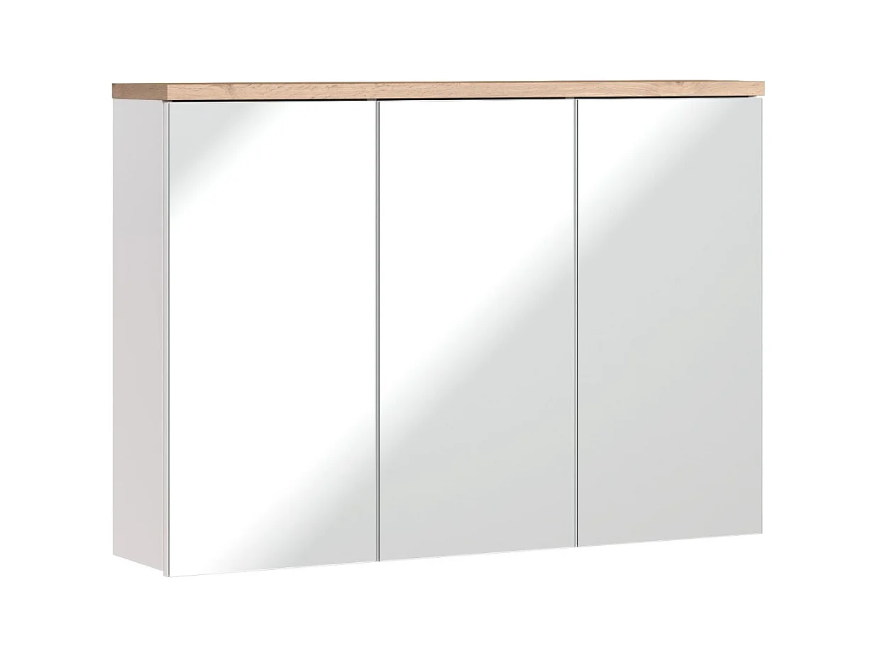 Meuble salle de bain ERMANO – Chêne clair et blanc brillant – 100x69 cm – 3 portes miroir – À suspendre