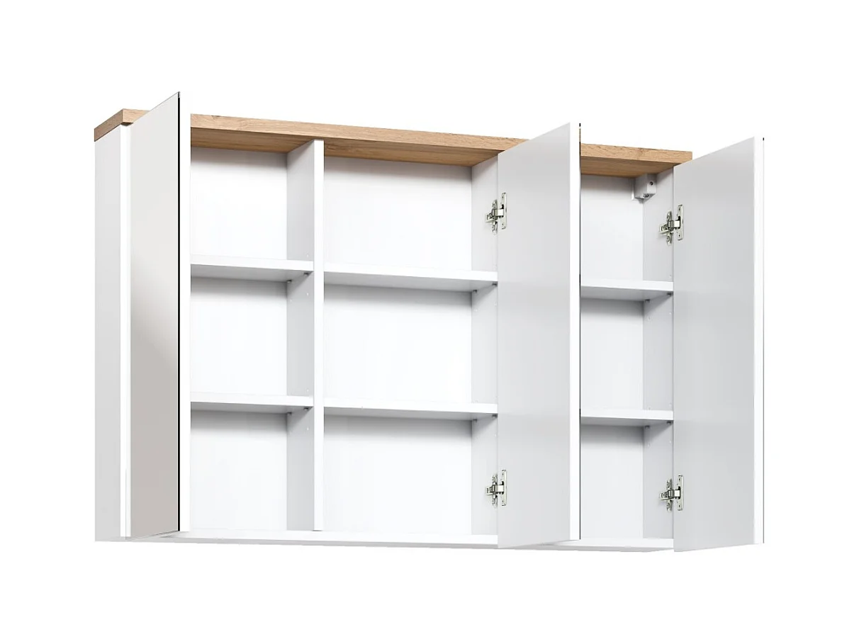 Meuble salle de bain ERMANO – Chêne clair et blanc brillant – 100x69 cm – 3 portes miroir – À suspendre