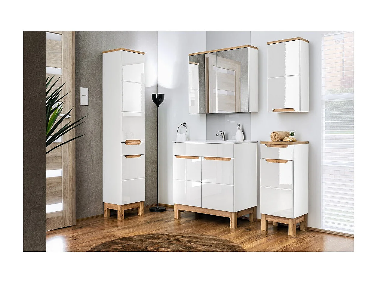 Móvel para Banheiro ERMANO – Carvalho Claro e Branco Brilhante – 35x70 cm – 1 Porta – Para Pendurar