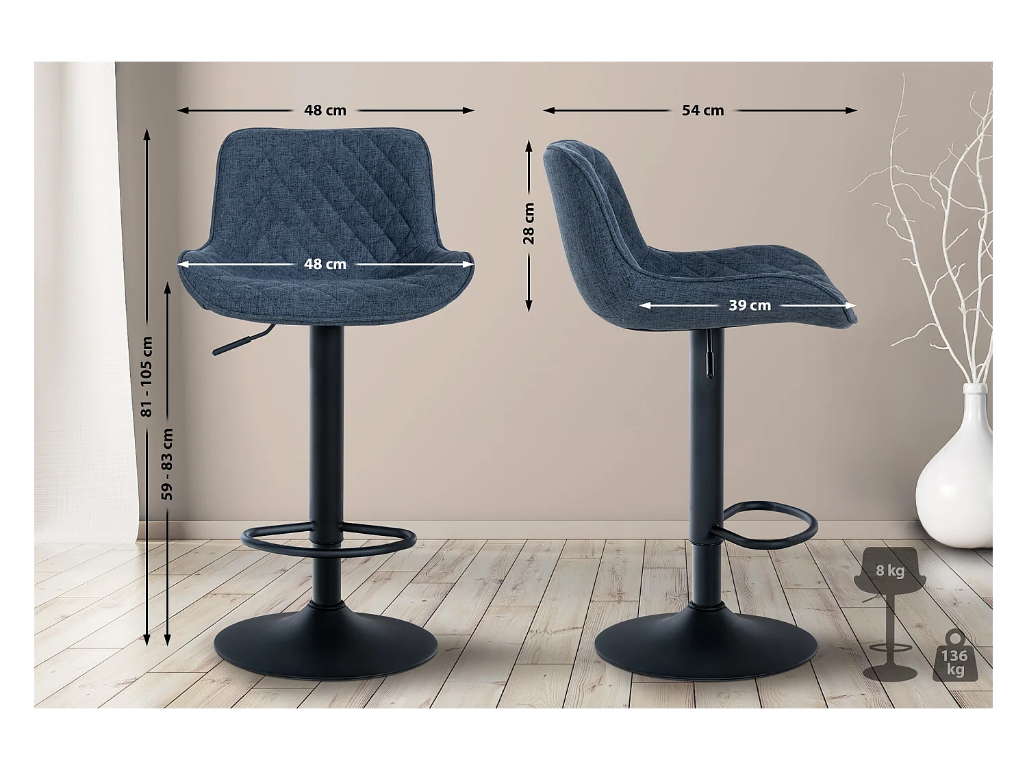 Tabouret de bar x1 métal bleue 48 x 54 x 81 cm 10_0005231