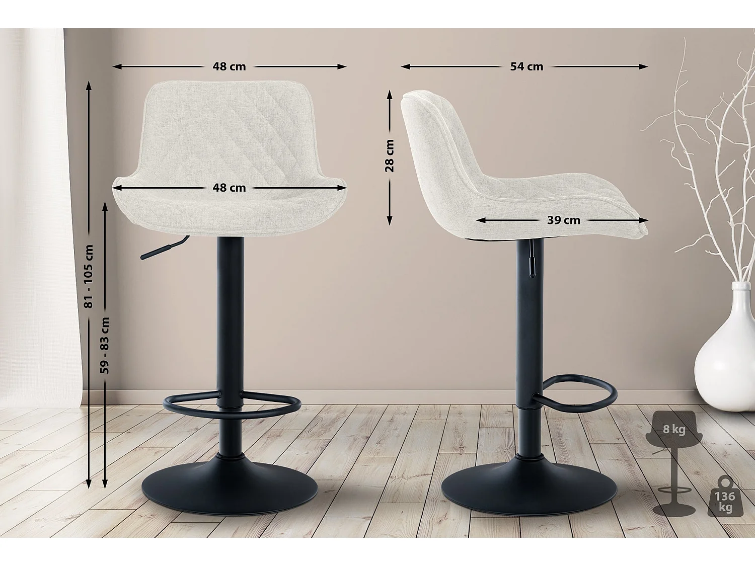 Tabouret de bar x1 métal crème 48 x 54 x 81 cm 10_0005233