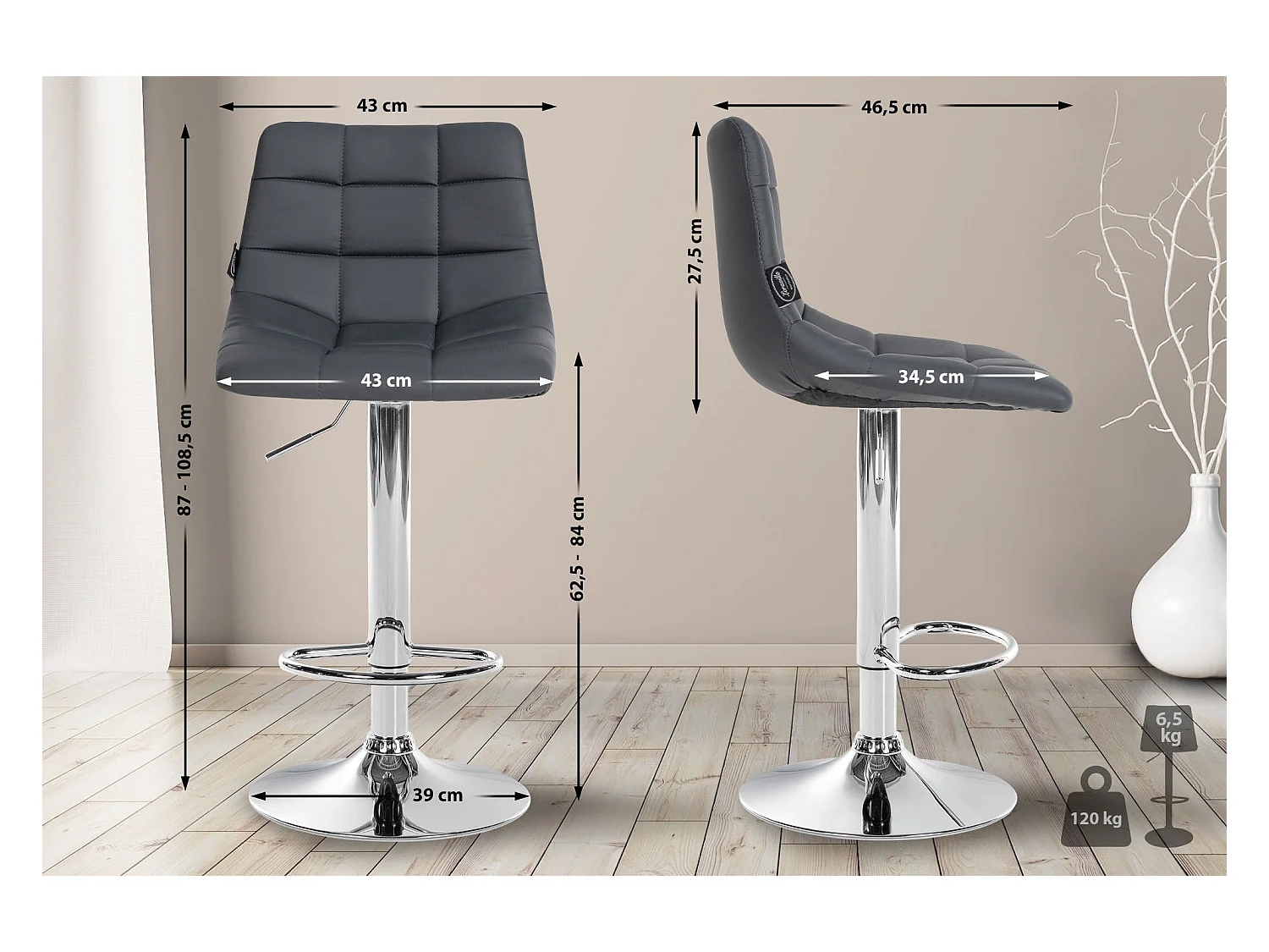 Lot de 2 tabourets métal grise 43 x 46.5 x 108.5 cm TDB10640