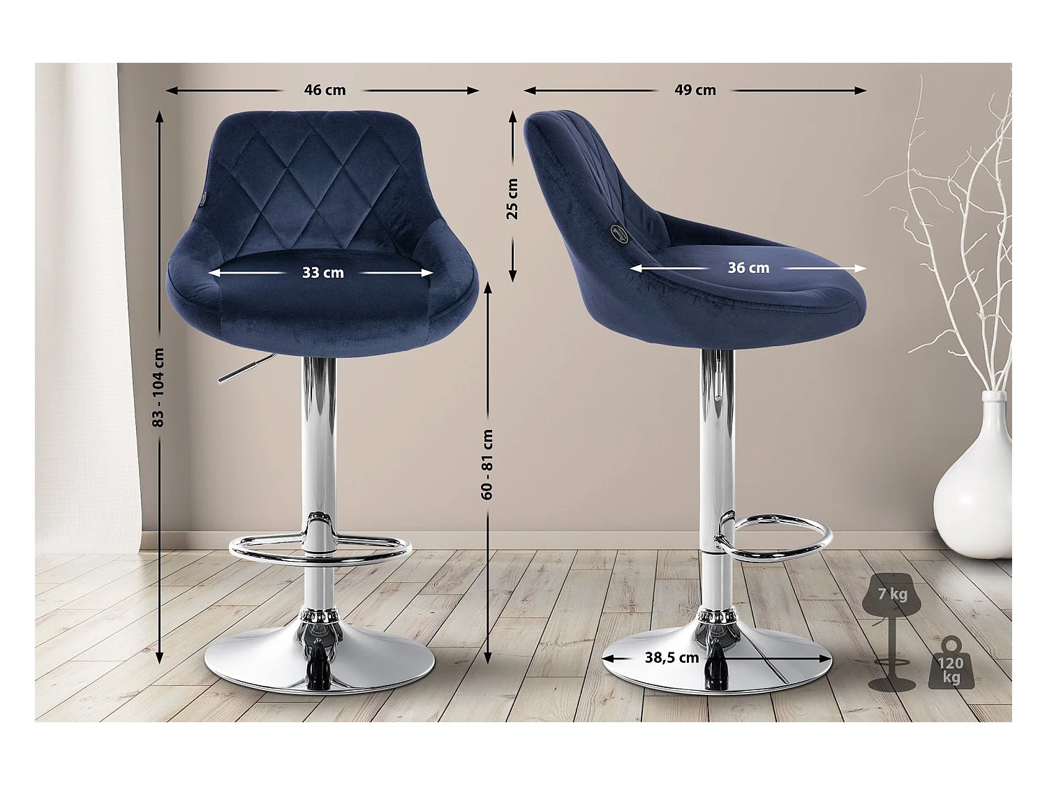 Set de 2 tabourets métal bleue 46 x 49 x 104 cm TDB10767