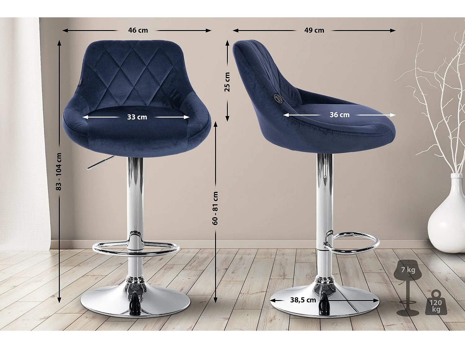 Set de 2 tabourets métal bleue 46 x 49 x 104 cm TDB10767