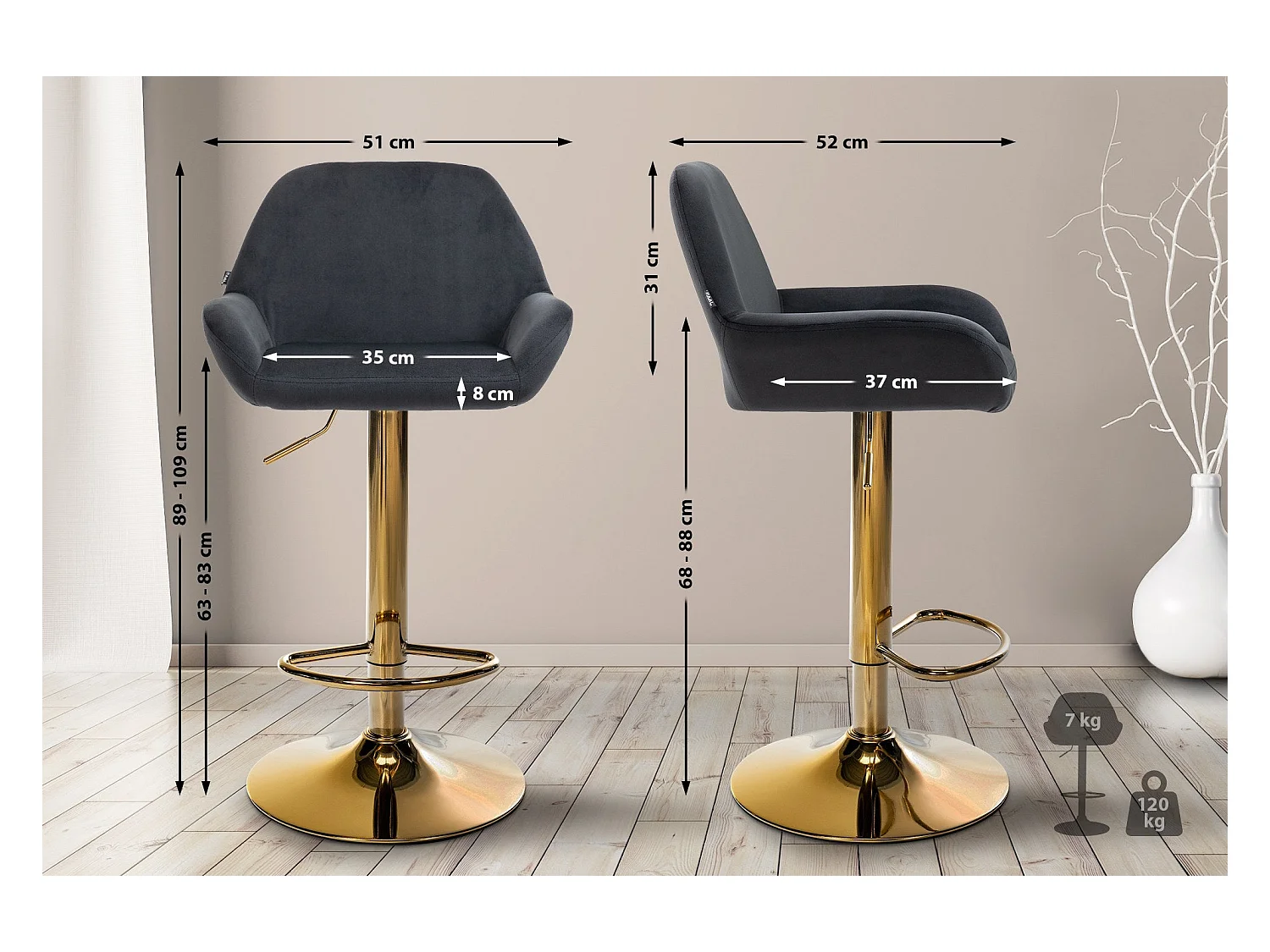 Lot de 2 tabourets métal argentée 51 x 52 x 109 cm TDB10738