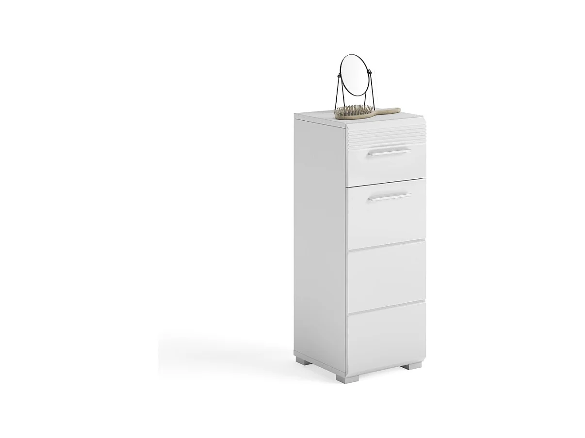 Meuble de rangement de salle de bain 1 porte et 1 tiroir – Blanc Laqué – KLEANKIN