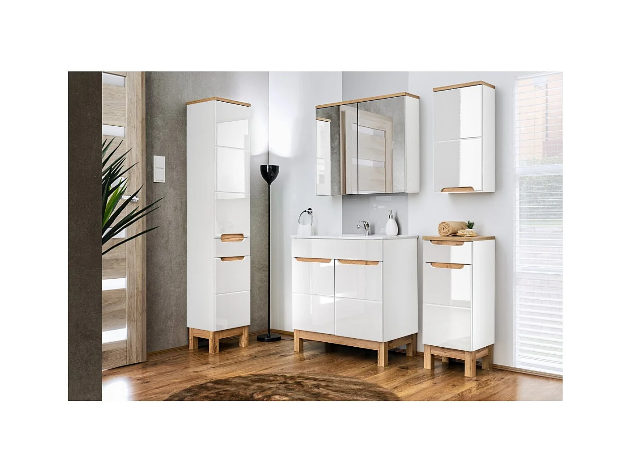 Móvel para Banheiro ERMANO – Carvalho Claro e Branco Brilhante – 35x86 cm – 1 porta – Para instalar