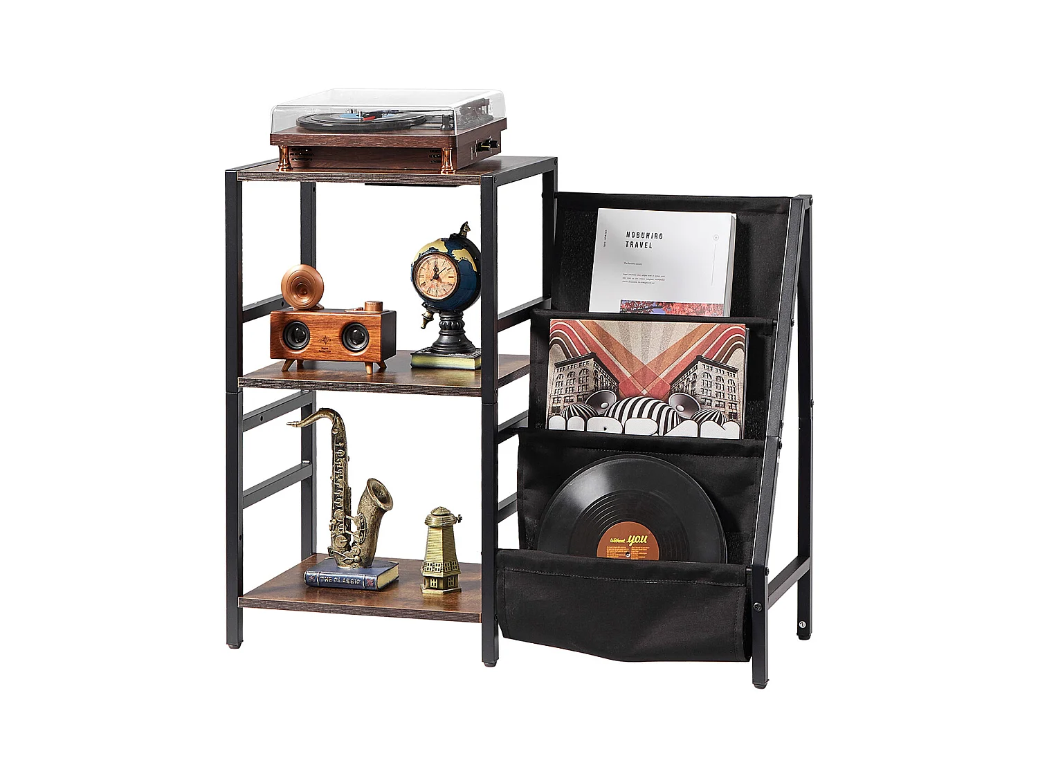 Meuble DVD SucceBuy Tourne-Disque à 3 Niveaux avec Lumière LED et Ports USB, Étagère en Métal pour Vinyle, pour la Décoration Intérieure