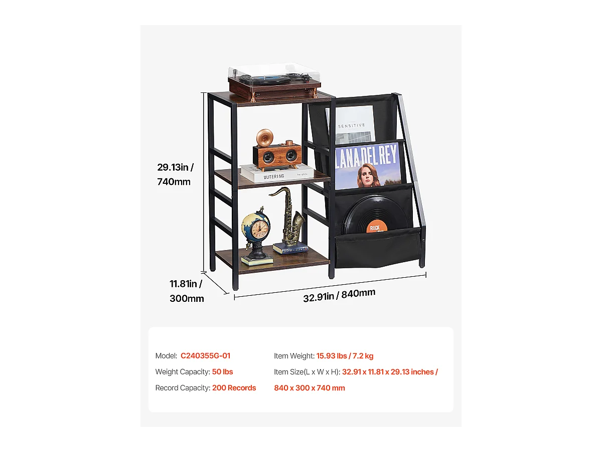 Meuble DVD SucceBuy Tourne-Disque à 3 Niveaux avec Lumière LED et Ports USB, Étagère en Métal pour Vinyle, pour la Décoration Intérieure