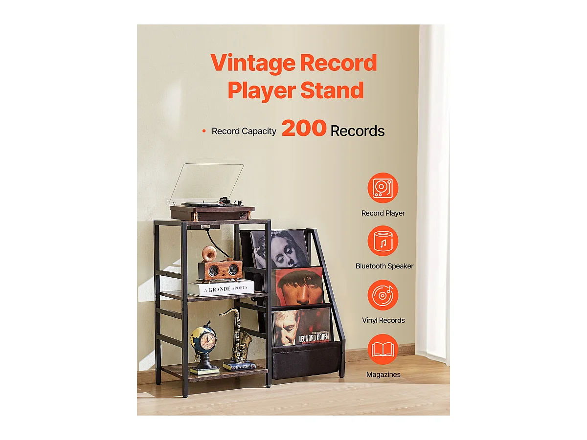 Meuble DVD SucceBuy Tourne-Disque à 3 Niveaux avec Lumière LED et Ports USB, Étagère en Métal pour Vinyle, pour la Décoration Intérieure