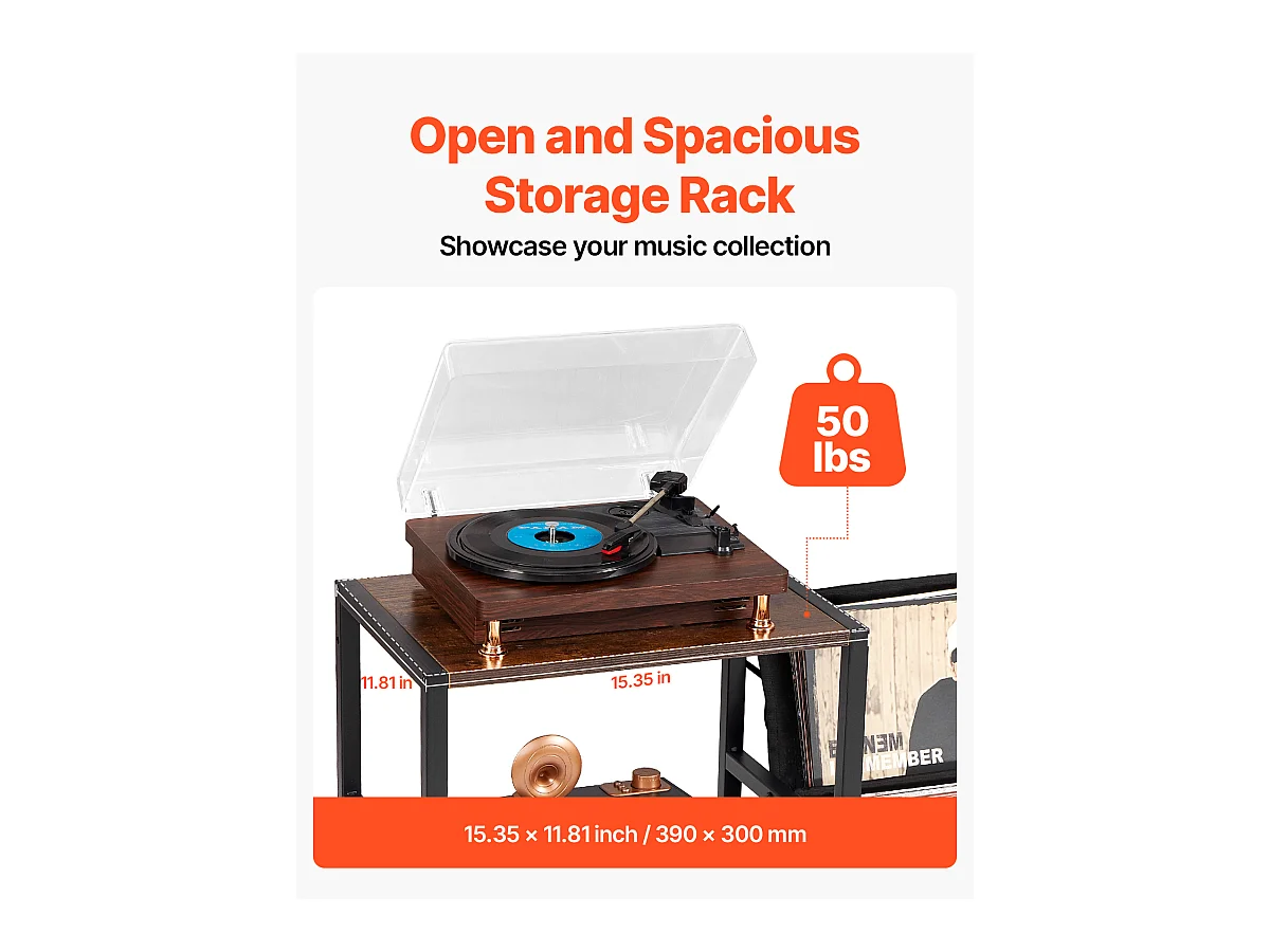 Meuble DVD SucceBuy Tourne-Disque à 3 Niveaux avec Lumière LED et Ports USB, Étagère en Métal pour Vinyle, pour la Décoration Intérieure