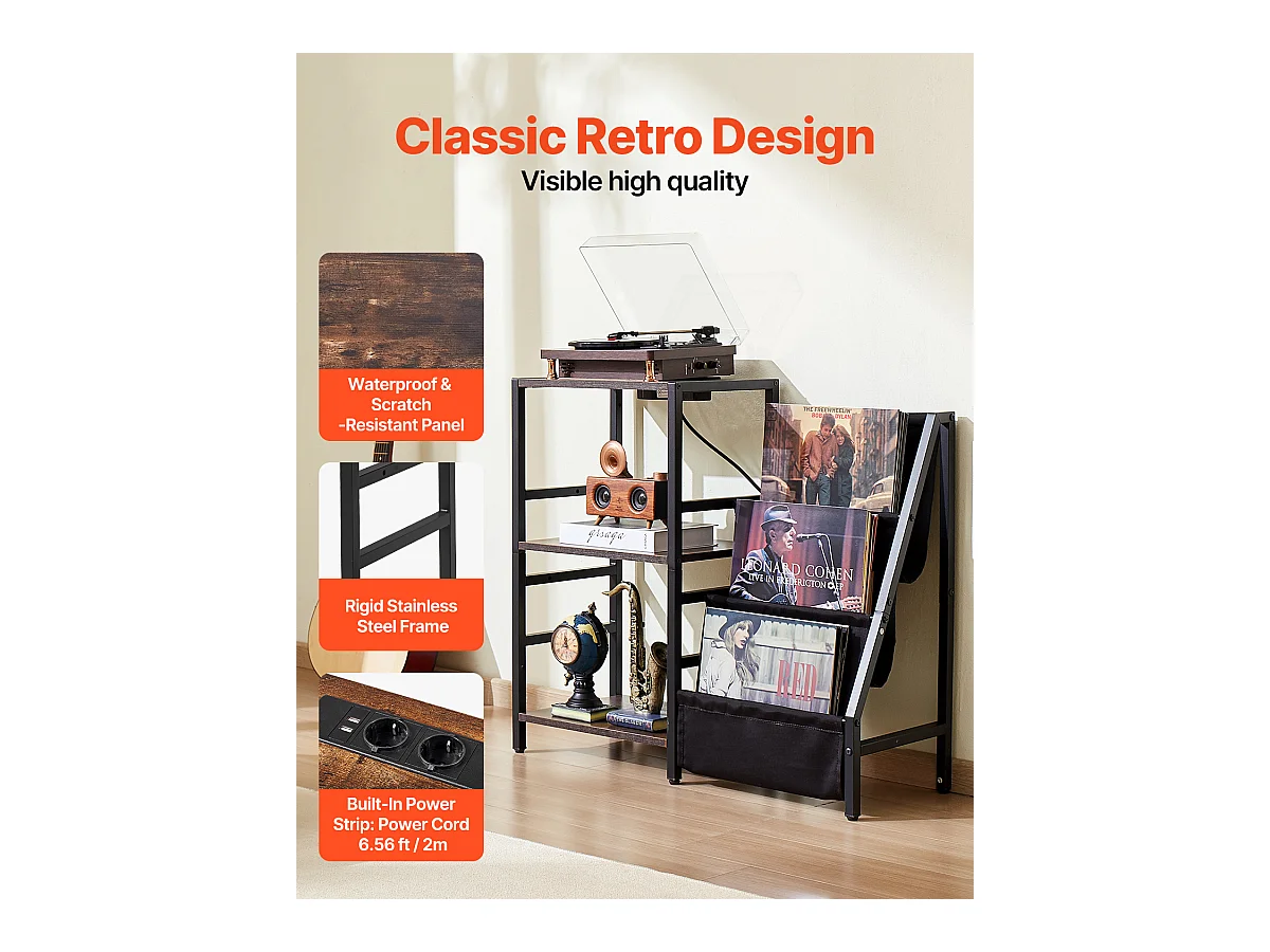 Meuble DVD SucceBuy Tourne-Disque à 3 Niveaux avec Lumière LED et Ports USB, Étagère en Métal pour Vinyle, pour la Décoration Intérieure