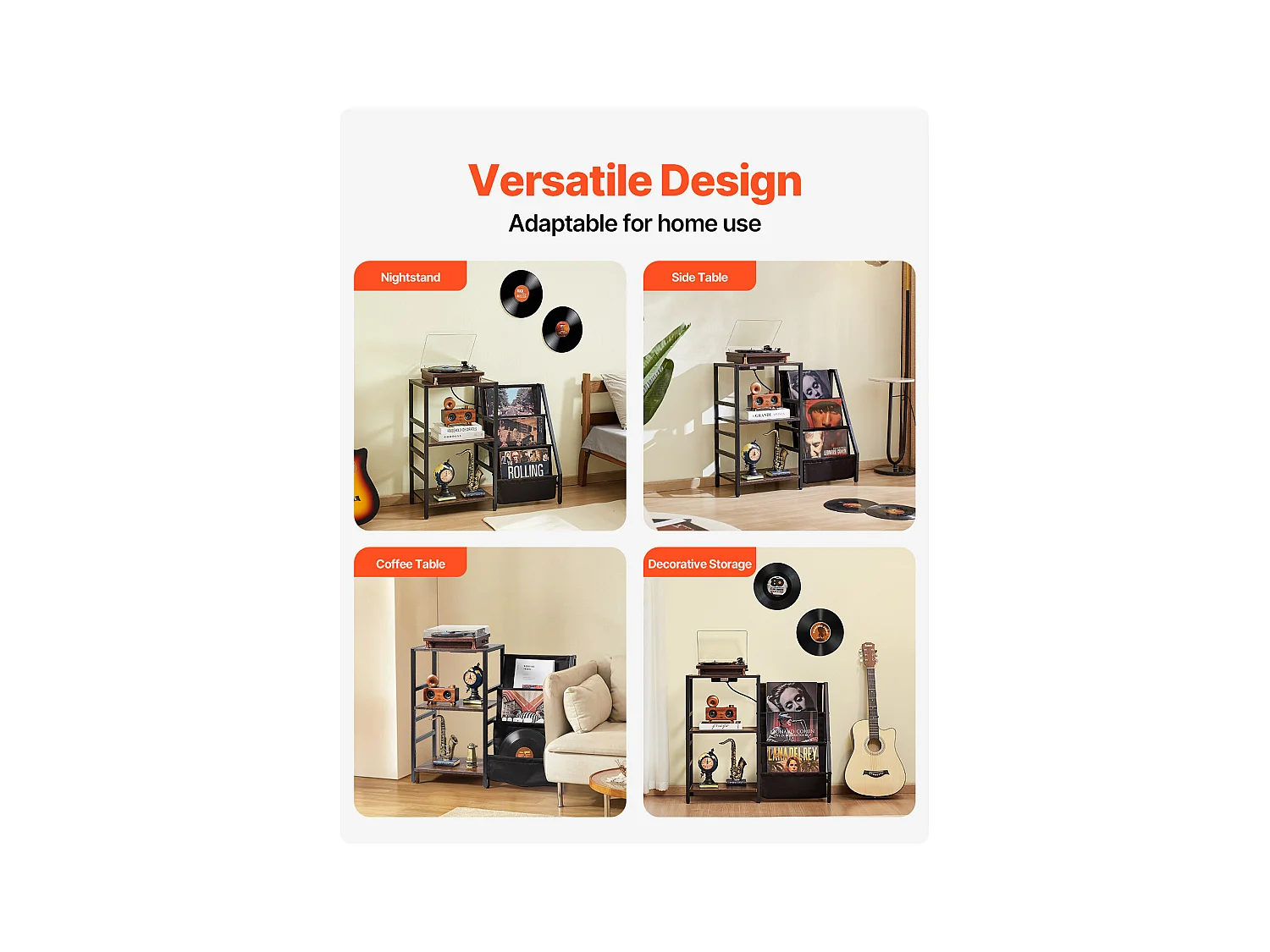 Meuble DVD SucceBuy Tourne-Disque à 3 Niveaux avec Lumière LED et Ports USB, Étagère en Métal pour Vinyle, pour la Décoration Intérieure