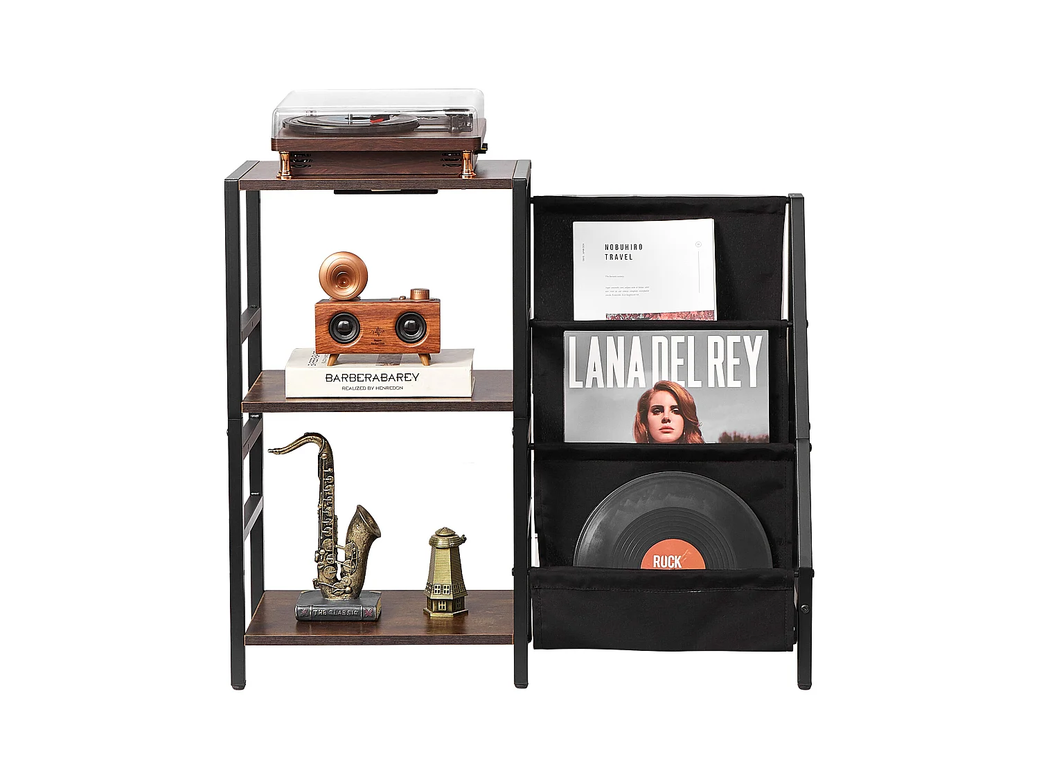 Meuble DVD SucceBuy Tourne-Disque à 3 Niveaux avec Lumière LED et Ports USB, Étagère en Métal pour Vinyle, pour la Décoration Intérieure