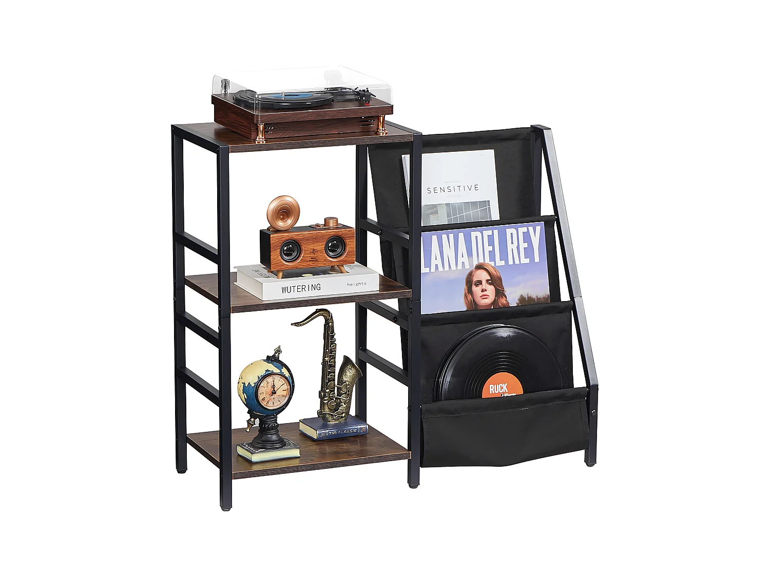 Meuble DVD SucceBuy Tourne-Disque à 3 Niveaux avec Lumière LED et Ports USB, Étagère en Métal pour Vinyle, pour la Décoration Intérieure