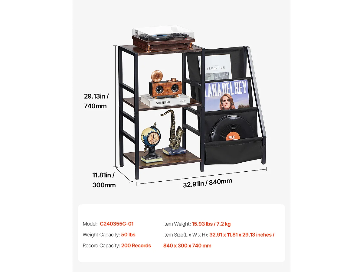 Meuble DVD SucceBuy Tourne-Disque à 3 Niveaux avec Lumière LED et Ports USB, Étagère en Métal pour Vinyle, pour la Décoration Intérieure