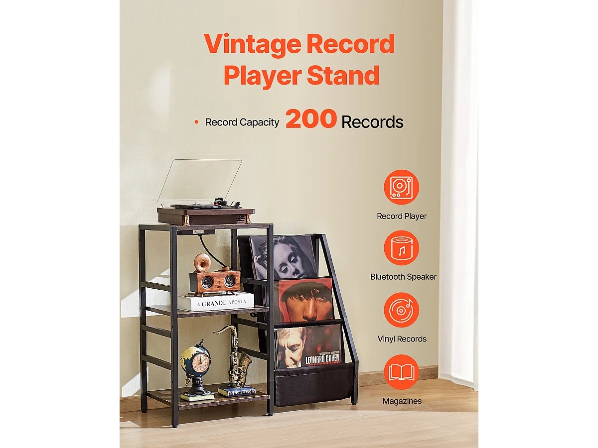 Meuble DVD SucceBuy Tourne-Disque à 3 Niveaux avec Lumière LED et Ports USB, Étagère en Métal pour Vinyle, pour la Décoration Intérieure