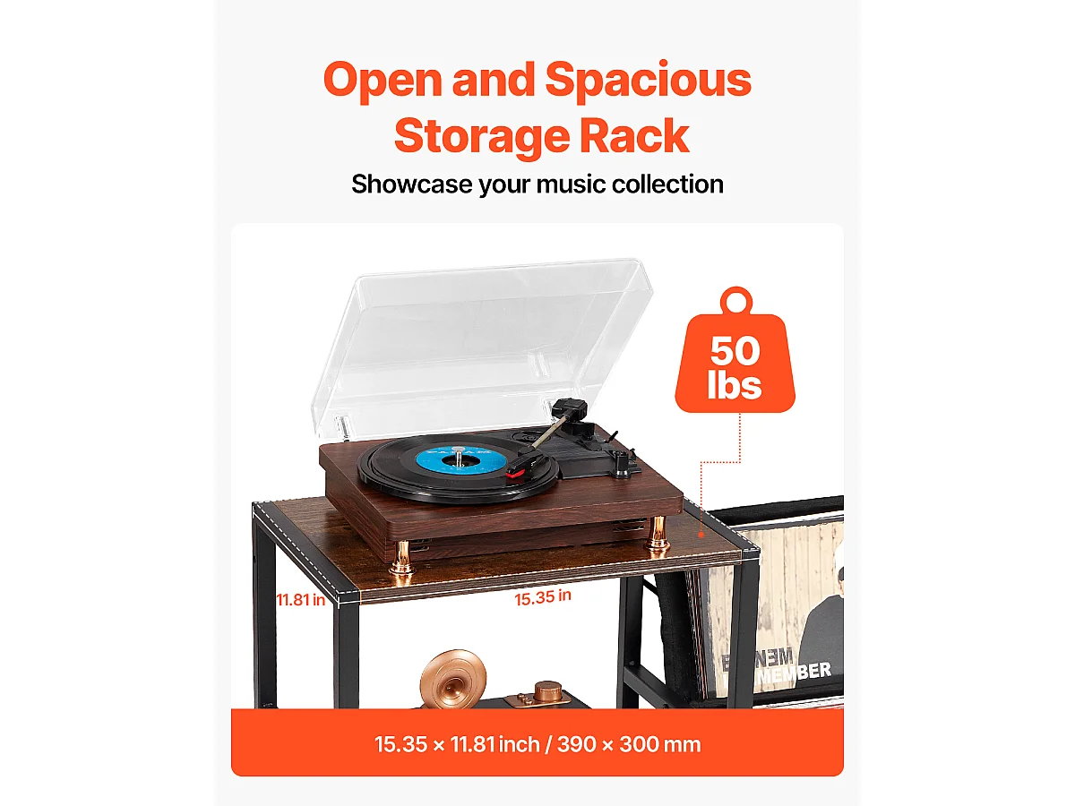 Meuble DVD SucceBuy Tourne-Disque à 3 Niveaux avec Lumière LED et Ports USB, Étagère en Métal pour Vinyle, pour la Décoration Intérieure