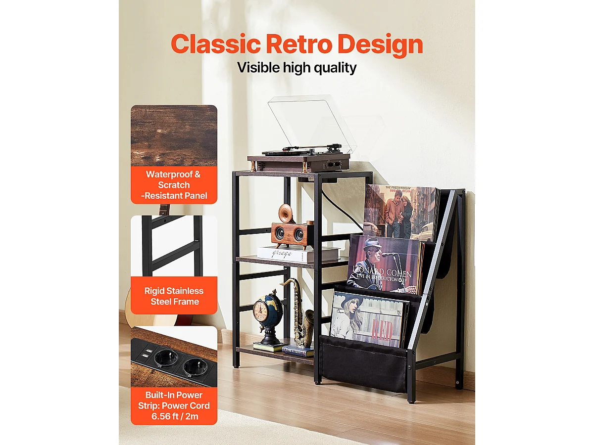 Meuble DVD SucceBuy Tourne-Disque à 3 Niveaux avec Lumière LED et Ports USB, Étagère en Métal pour Vinyle, pour la Décoration Intérieure