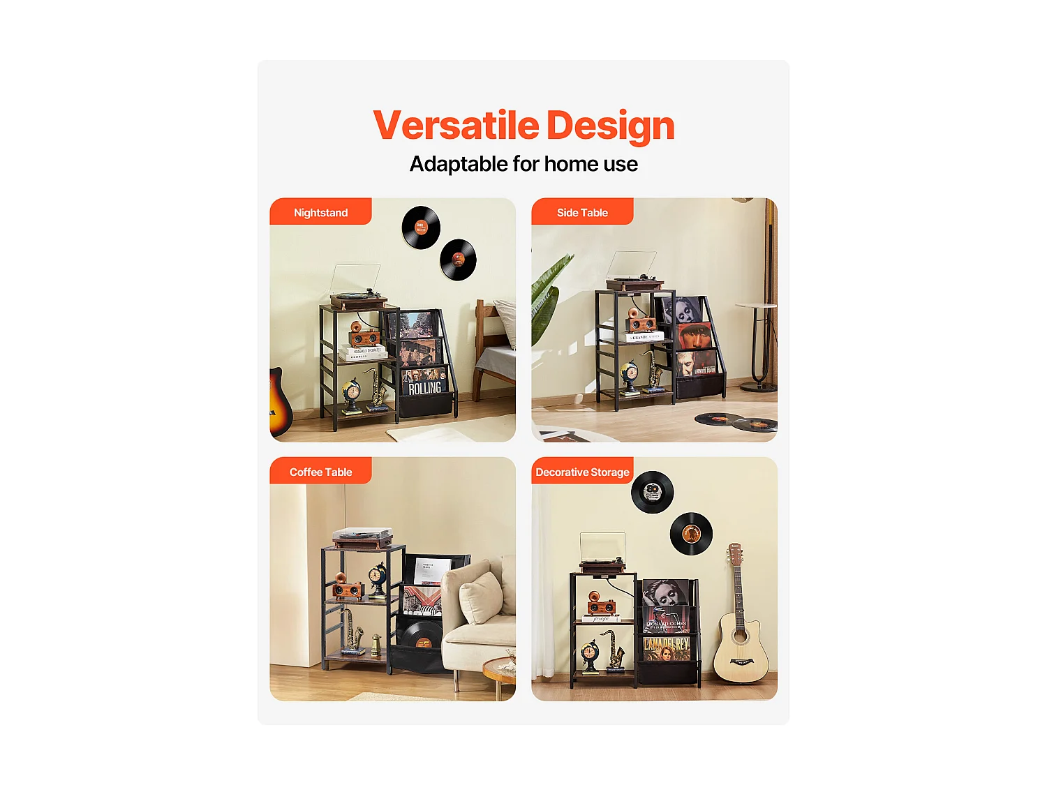 Meuble DVD SucceBuy Tourne-Disque à 3 Niveaux avec Lumière LED et Ports USB, Étagère en Métal pour Vinyle, pour la Décoration Intérieure