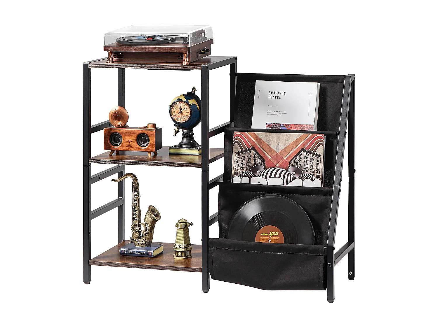 Meuble DVD SucceBuy Tourne-Disque à 3 Niveaux avec Lumière LED et Ports USB, Étagère en Métal pour Vinyle, pour la Décoration Intérieure