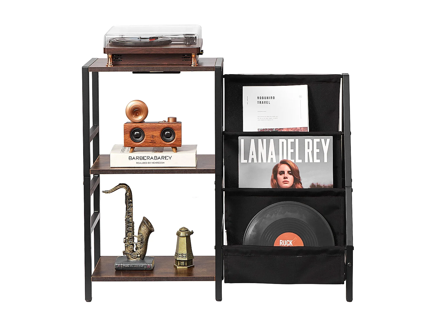 Meuble DVD SucceBuy Tourne-Disque à 3 Niveaux avec Lumière LED et Ports USB, Étagère en Métal pour Vinyle, pour la Décoration Intérieure