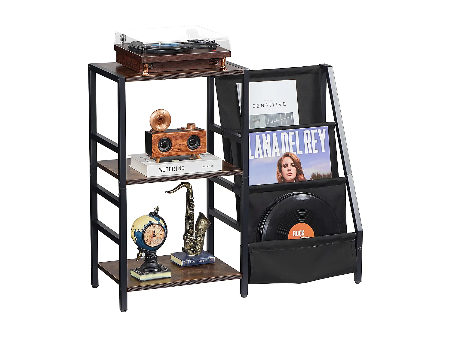 Meuble DVD SucceBuy Tourne-Disque à 3 Niveaux avec Lumière LED et Ports USB, Étagère en Métal pour Vinyle, pour la Décoration Intérieure