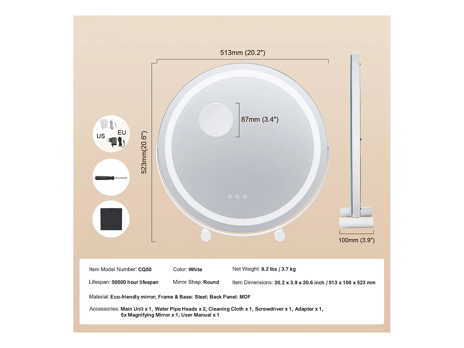 Espelho de Maquilhagem, SucceBuy Espelho de Maquilhagem LED de 51.3 cm - Redondo, 3 Cores, 5X, Branco